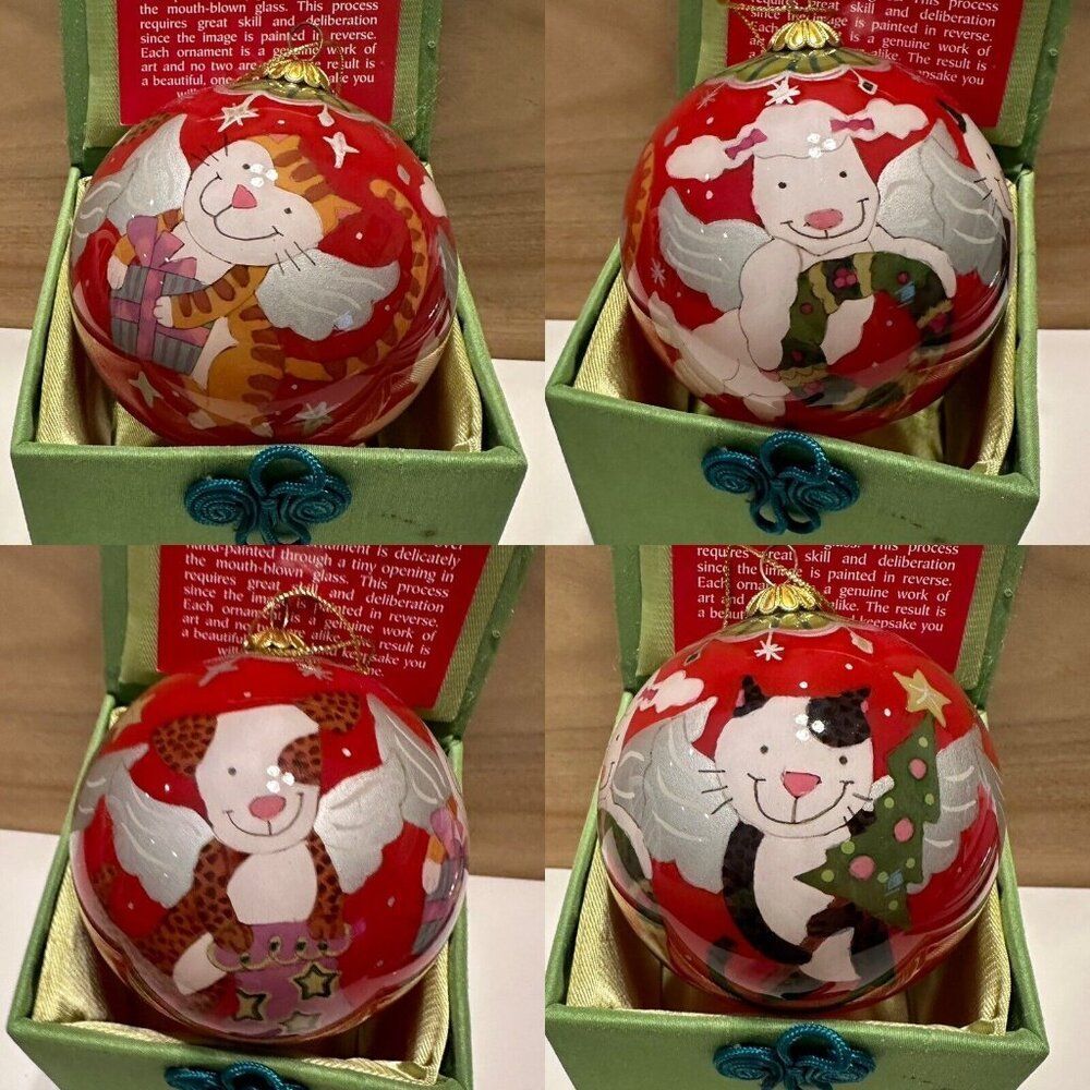 Pier One Li Bien Cat Dog Lamb Angel Wings Hand Painted Glass Christmas Ornament